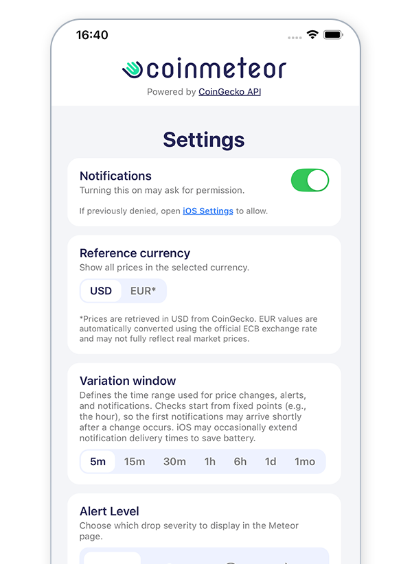 Coinmeteor Alerts Screen